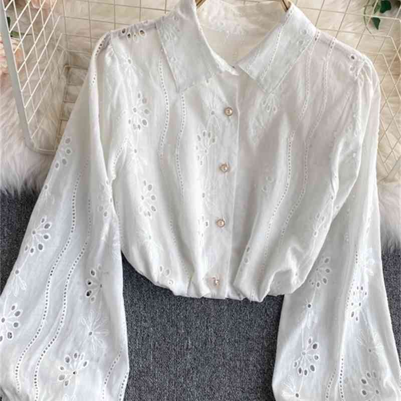 Neploe Chic Blouses Women Heavy Hollow Out Embroidery Shirts Lantern Sleeve Sweet White Blouse Korean Blusas Mujer De Moda 210422