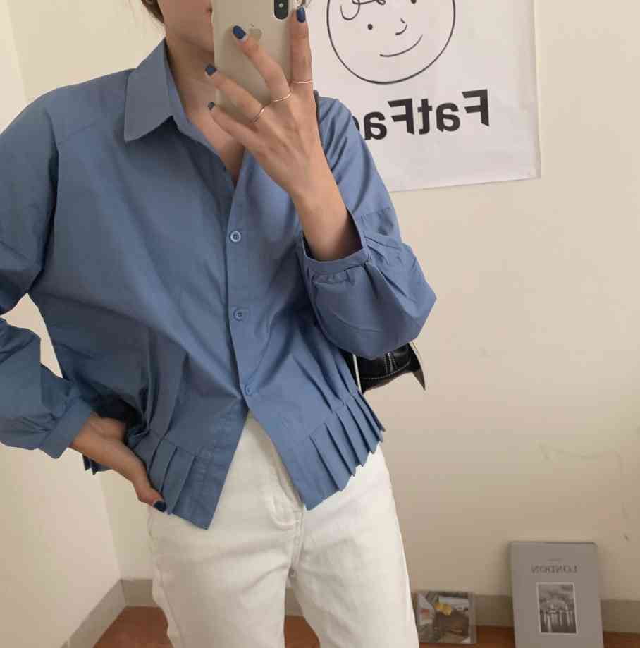 Blue Solid All Match Streetwear Clothe Fashion High Waist Casual OL Girls Tops Oversize Chic Loose Femme Shirts 210421