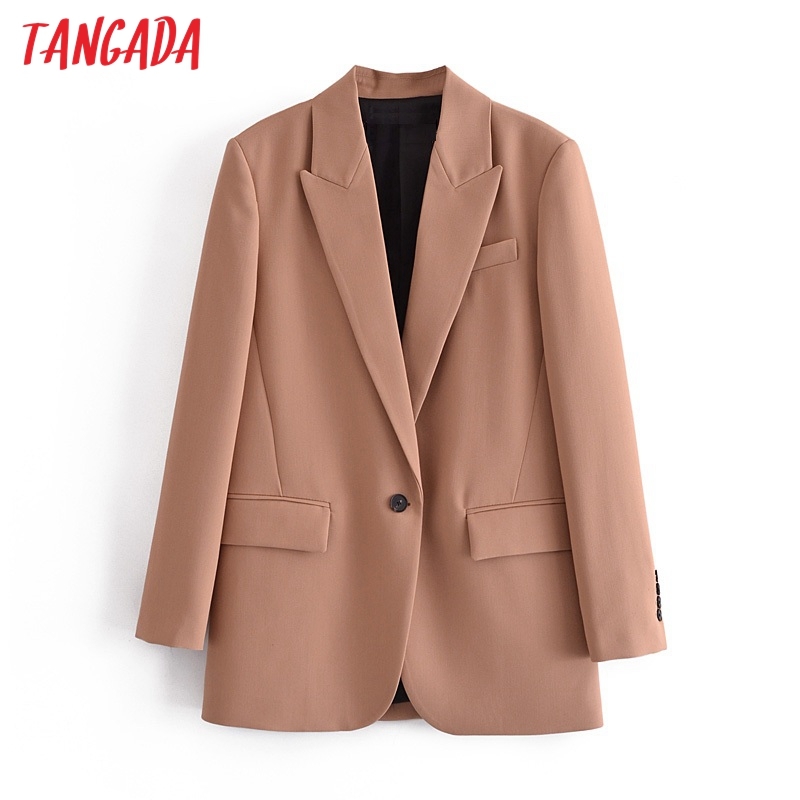 Women Elegant One Button Blazer Coat Vintage Notched Collar Pocket Fashion Female Chic Tops 3H270 210416