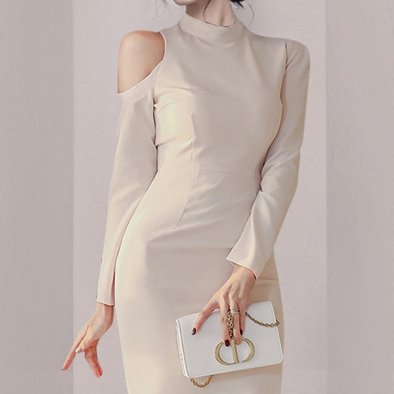 Lucyever Fashion Stand Collar Party Dress Womens Sexy Off Shoulder Slim Dresses Woman 2021 Elegant Slit Apricot Femme Casual