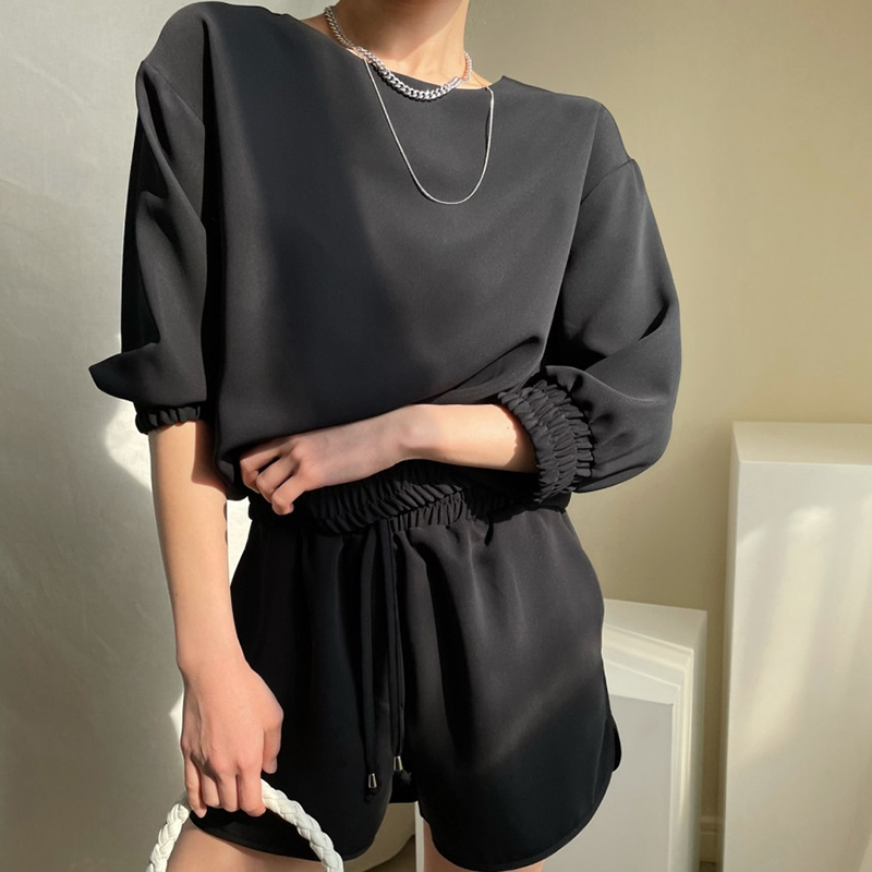 QOERLIN Fashion Suits Girls Three Quarter Sleeve O Neck Back Zipper TShirts Elastic Waist Shorts Solid Loose Casual Streetwear 210412