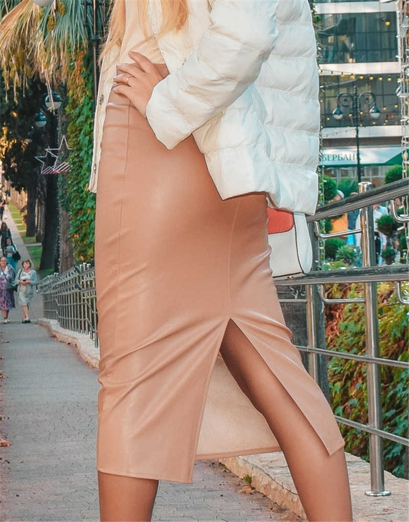 Neophil 74cm Women's Winter Pu Leather Midi Skirts Pencil Bodycon Elegant Office Ladies High Waist Faux Stretch Sexy Skirt S9902 210619