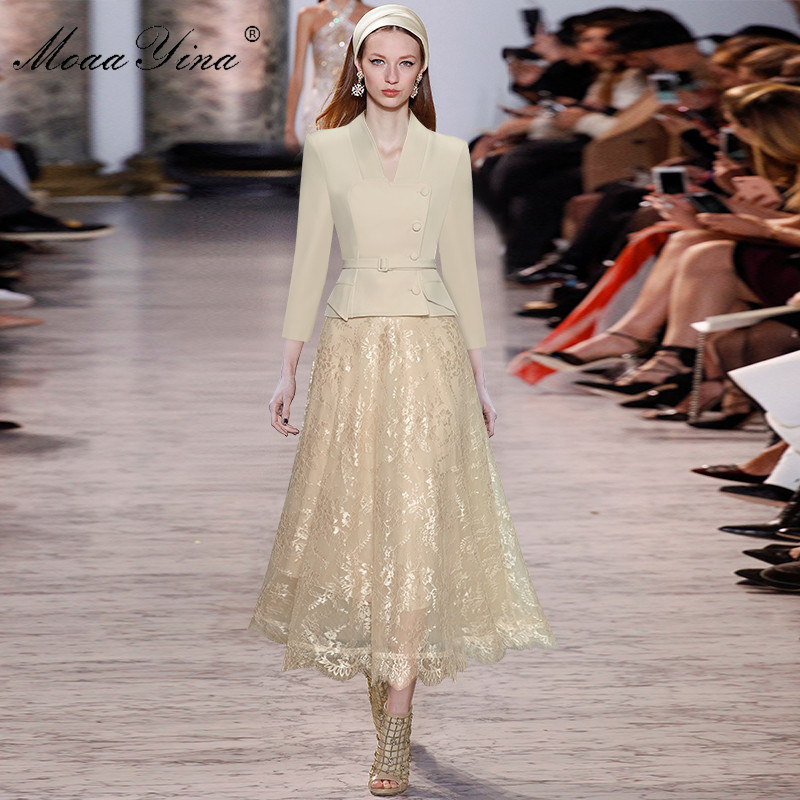 Fashion Set Spring Women's V-neck Long sleeve Single-breasted Tops+Lace skirt Elegant Two-piece set 210524