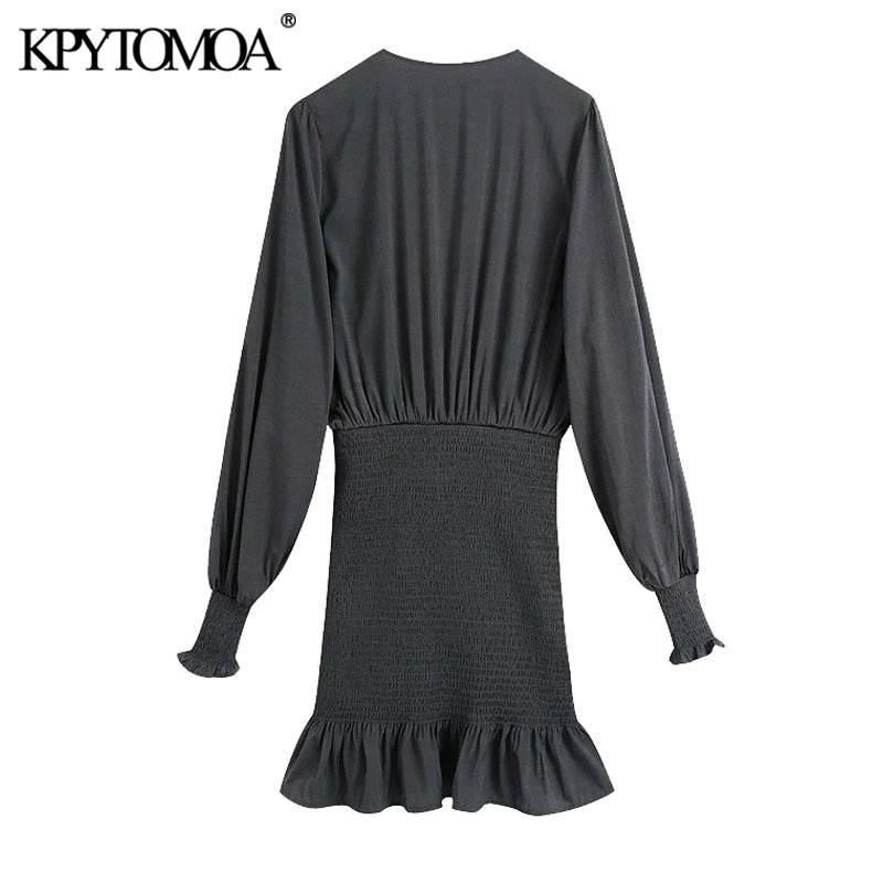 Women Chic Fashion Elastic Smocked Hem Ruffled Mini Dress V Neck Long Sleeve Female Dresses Vestidos Mujer 210420
