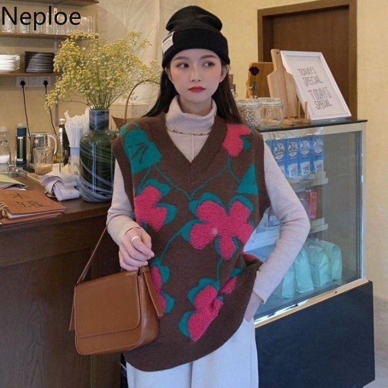 Neploe Knitted Sweater Vest Embroidery Flower Pullovers V Neck Tops Women Jumper Sleeveless Oversized Woman Sweaters Clothing 210422