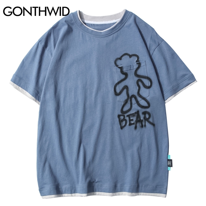 Tshirts Streetwear Graffiti Bear Print Front Pocket Fake 2 Piece Short Sleeve T-Shirts Hip Hop Harajuku Casual Tee Tops 210602, Beige
Tshirts Streetwear Graffiti Bear Print Front Pocket Fake 2 Piece Short Sleeve T-Shirts Hip Hop Harajuku Casual Tee Tops 210602, Beige