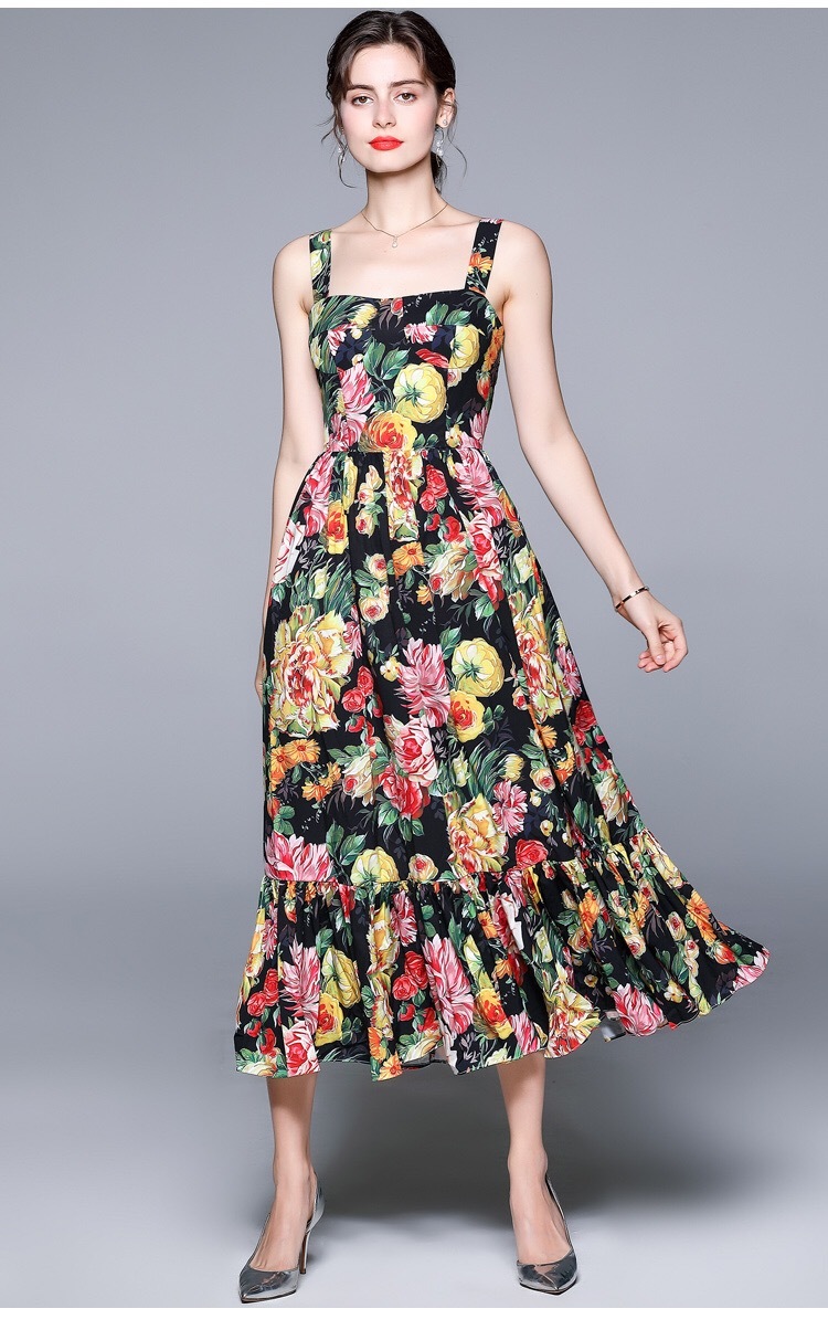 vintage summer midi dress tropical flower fruit printed camisole square collar dresses lady traf vestidos de mujer casual 210421