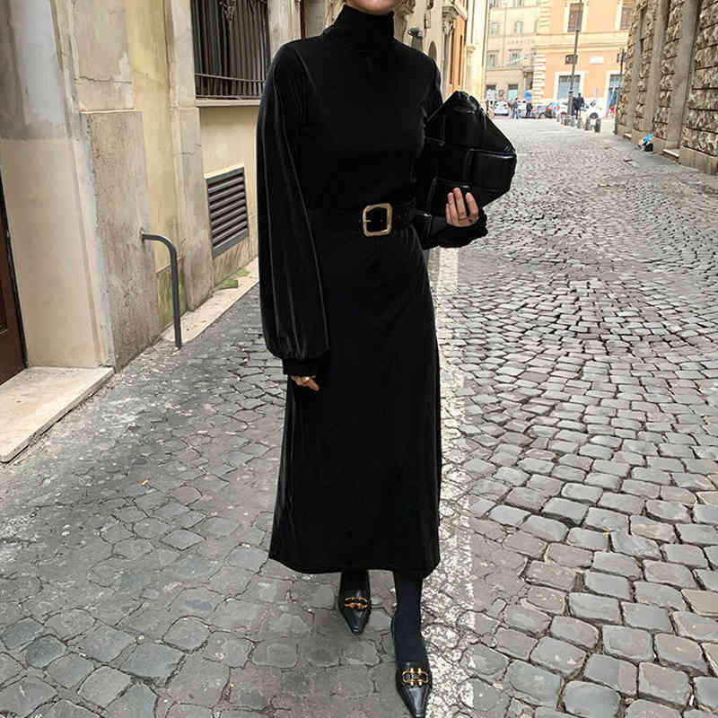 Velvet Dress Women's Spring Turtleneck French Elegant Slim Fit Long Sleeve Black Dresses With Belt 5A1242 210427