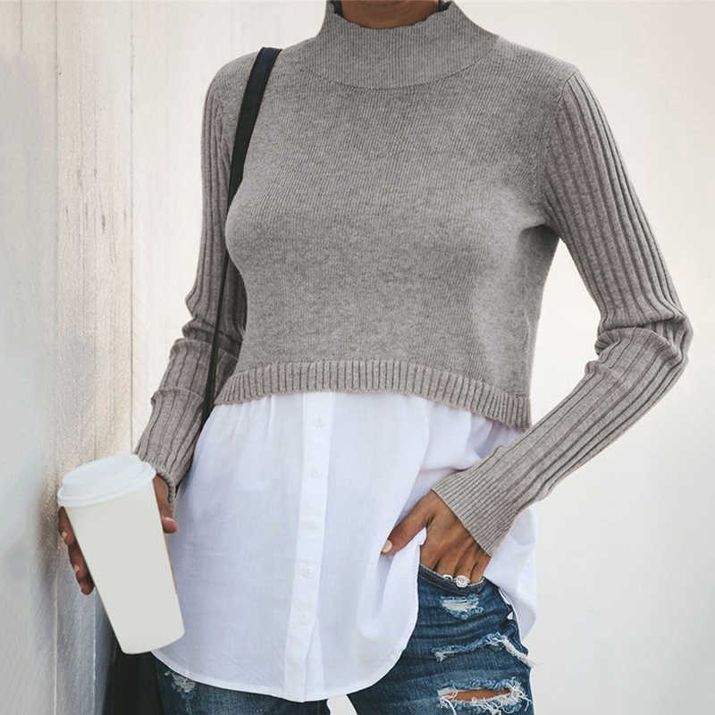 GAOKE Autumn Winter Black Knit Sweater Women Patchwork Long Sleeve Button Pullover Jumper 211018