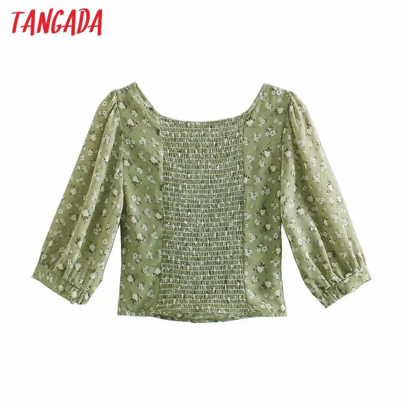 Women Retro Green Floral Print Crop Short Sleeve Summer Chic Female Sexy Slim Shirt Tops 3D50 210416