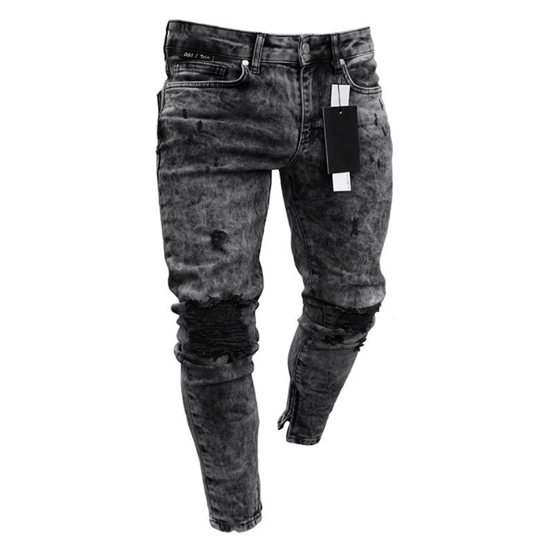 Men's Jeans Slim Fit Stretch Denim Pants Black Ripped Foot Mouths Zipper Streetwear Men Trousers Autumn Winter Clothing