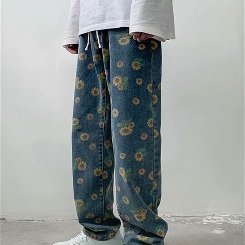 Floral Print Jeans Woman Man Streetwear Vintage Harajuku Denim Pants Casual All Match Jean Pantalones 210519