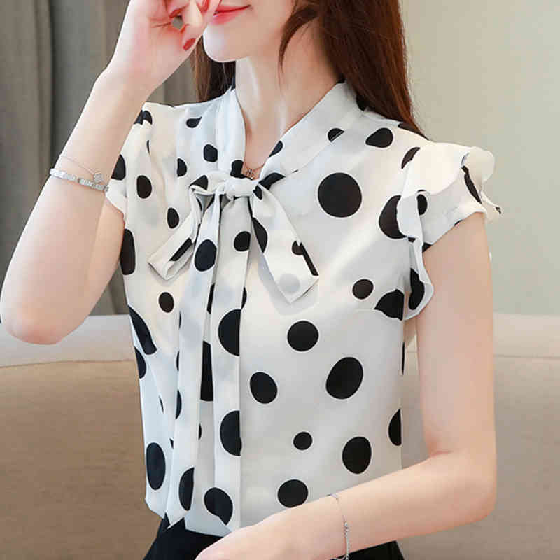 Fashion Summer Casual Women Tops V-neck Short Sleeve Bow Polka Dot Clothing Elegant Chiffon Blouses 5556 50 210508