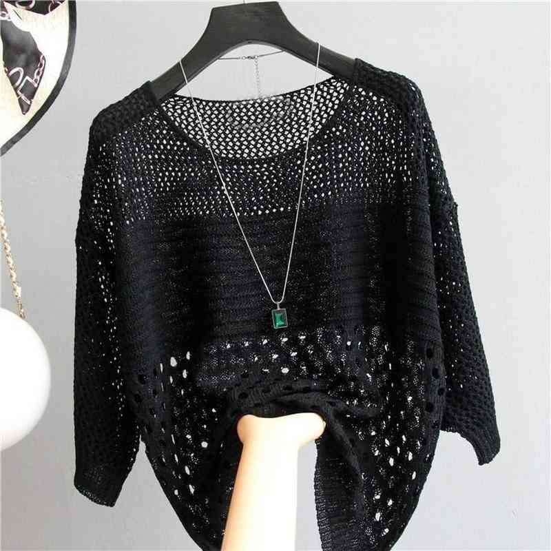 Hollow Out Shirt Summer Thin Mid-sleeve Knitted Women Blouse Bottom Loose Air-conditioning Sunprotection 13895 210427