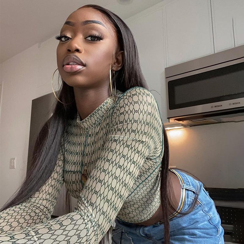 S-L Women Mock Neck Crop Top Stylish Long Sleeve Lettuce Trim Slim Fit Sheer Mesh See-through Tee Turtleneck T-Shirt Women's