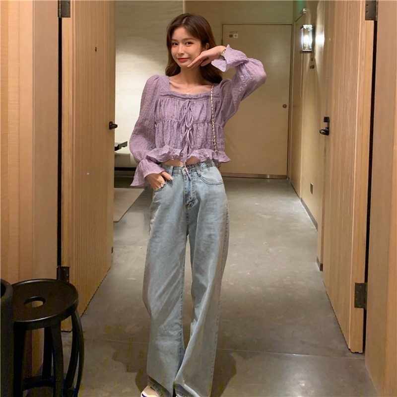 Nomikuma Korean Pleated Lace Up Square Collar Blouse Shirt Causal Flare Sleve Short Women Top Spring New Blusa Mujer 6F459 210427