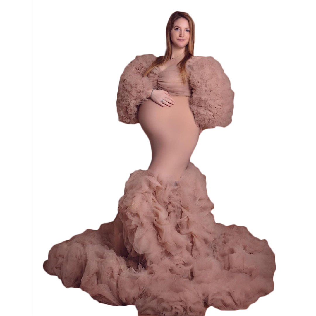 Sexy V Neck Maternity Photography Tiered Ruffles Long Sleeve Sleepwear For Pregnant Women Fancy Pregnancy Dress Elegence Gown Photo Shoot