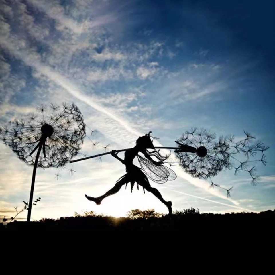 Garden Decorative Stake Fairies And Dandelions Dance Together Metal Yard Art Decor Lawn Landscape Sculpture Decoration 2109111898070