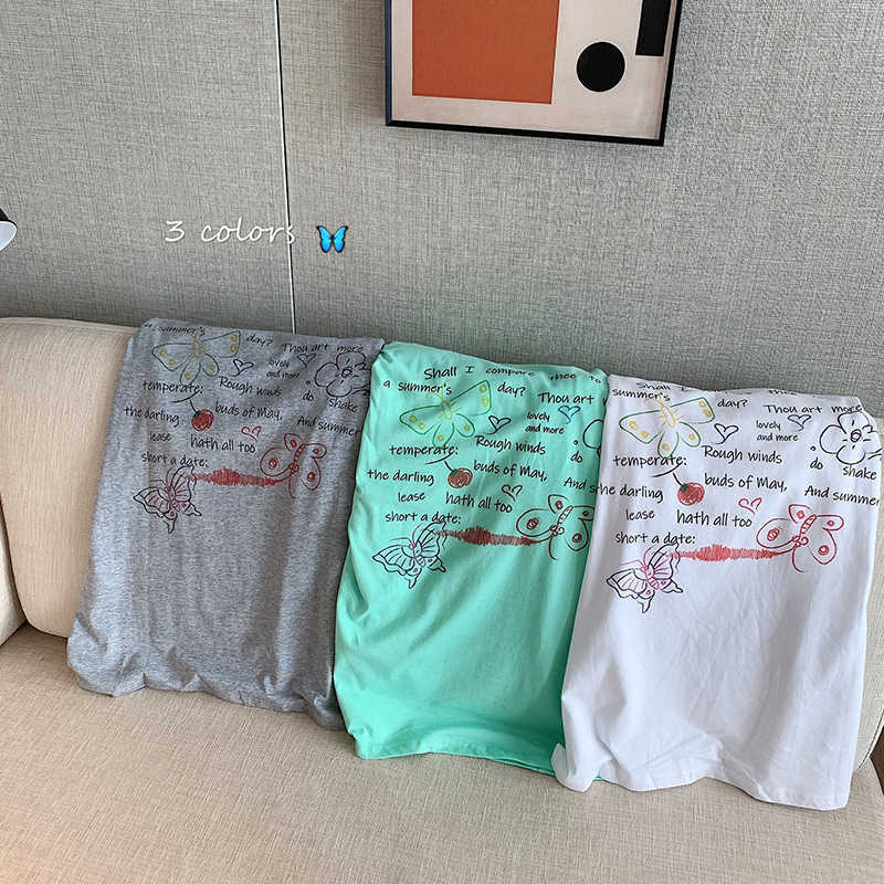 Yedinas E Girl Butterfly Printing T Shirt Harajuku Vintage T-shirt Aesthetic Korean Clothes Oversized Tshirt Mint Tops Plus Size 210527