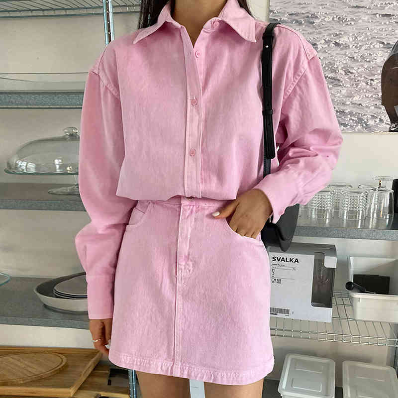 Sweet and playful pink lapel loose long-sleeved shirt + high-waist thin A-line skirt short female 210525, Short skirt
Sweet and playful pink lapel loose long-sleeved shirt + high-waist thin A-line skirt short female 210525, Short skirt