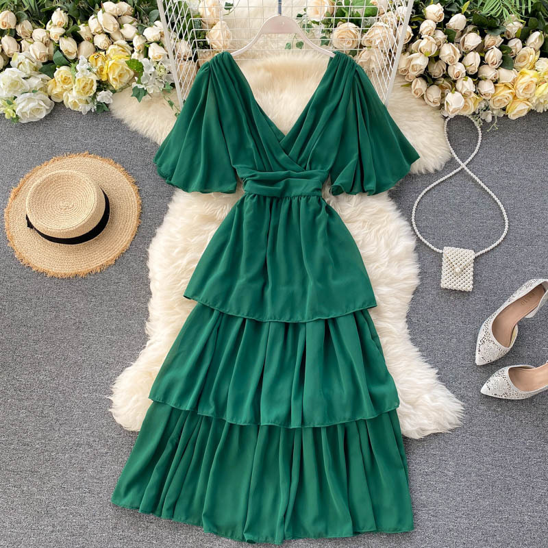Women's Spring Summer Flare Sleeve Flounced Edge Dress V Neck High Waist Solid Chiffon Ladies Cake 210520, Black
Women's Spring Summer Flare Sleeve Flounced Edge Dress V Neck High Waist Solid Chiffon Ladies Cake 210520, Black