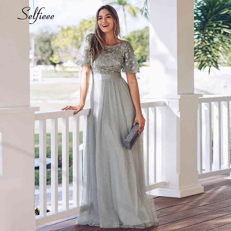 New Decoration Dress Women Elegant A-Line O-Neck Flare Sleeve Sequined Long Formal Party Dresses For Women Plus Size X-9XL 210409