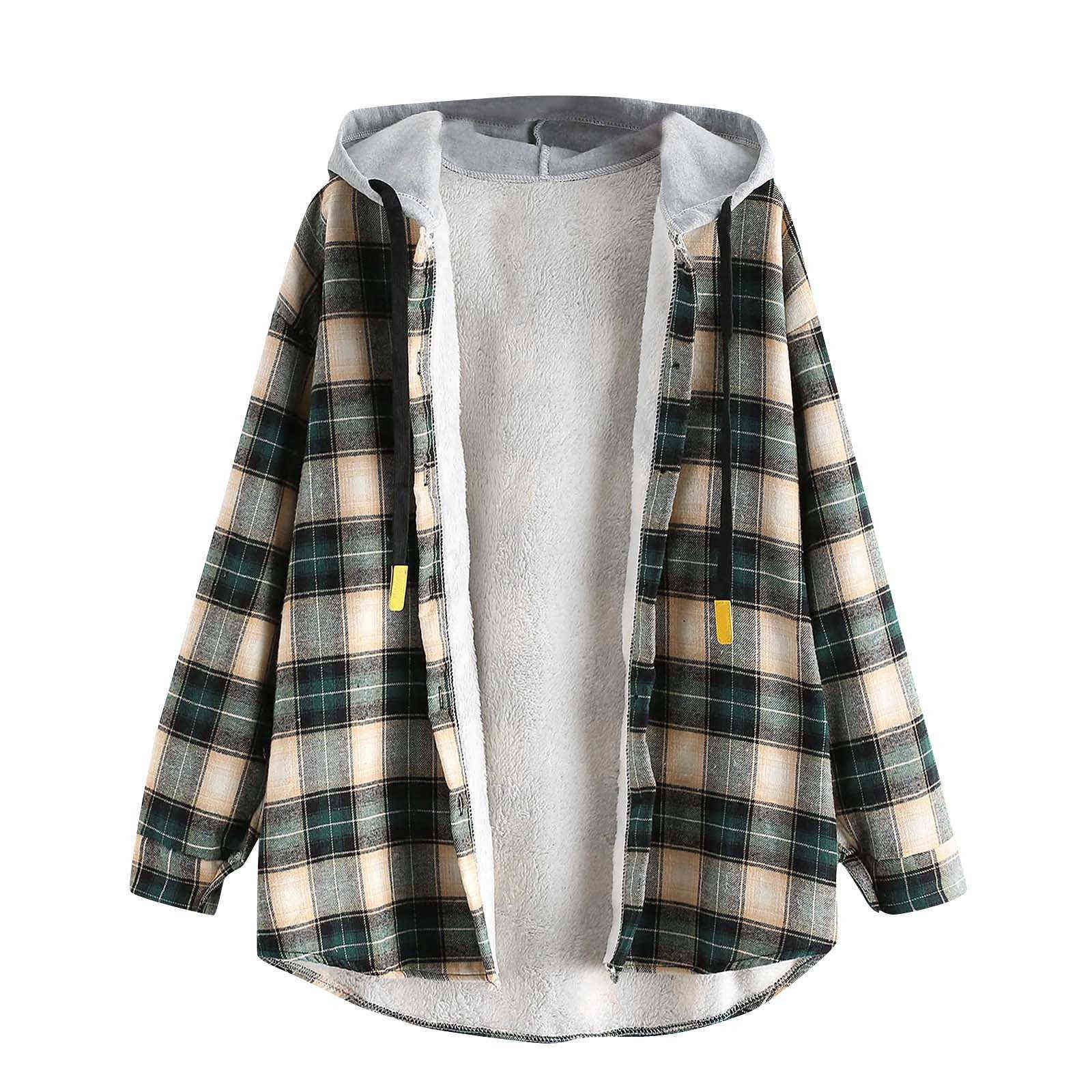 Winter Clothes Women's Hoodie Sweatshirt Casual Long Sleeve Plaid Buttoned Curved Hem Hooded Warm Coat Jacket 211109