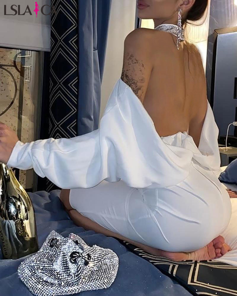 Winter dress long sleeve white halter sexy caual party elegant high waist solid color evening club bodycon 210515