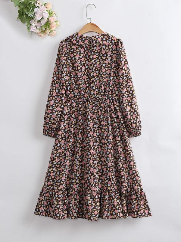 Girls Floral Print Peter Pan Collar Ruffle Hem Dress SHE