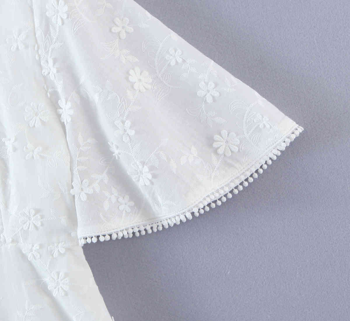 Summer 3D Flower White Short Sleeve Dress Retro Slim Waist Hem Wood ears Ruffles Women Mini Dresses Holiday 210429