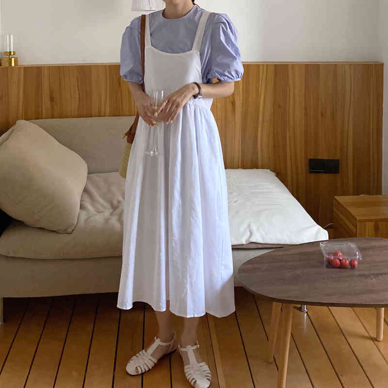 Nomikuma Korean Chic 2Pieces Sets Puff Short Sleeve Blouse Shirt + Bow Tie High Waist A-line Sling Dress Sweet Suits 6F855 210427