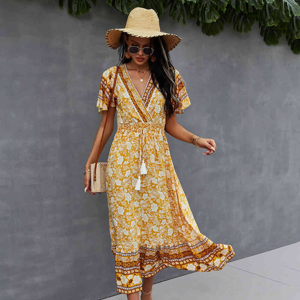 Women long Cotton dress Summer V-Neck short sleeve floral printed bohe style Casual Women's holidays beach Dresses 210524