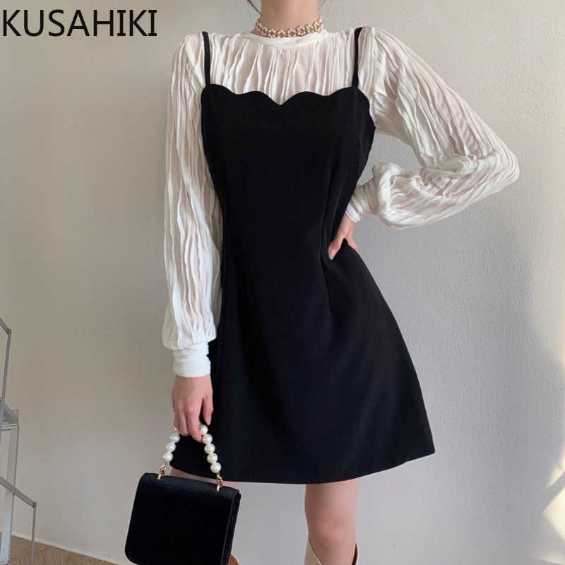 KUSAHIKI Women Suits Pleated O-neck Long Sleeve Blouse + Slim Waist A-ling Sling Dress Korean Spring 2Pieces Sets 6E791 210602, Black 
KUSAHIKI Women Suits Pleated O-neck Long Sleeve Blouse + Slim Waist A-ling Sling Dress Korean Spring 2Pieces Sets 6E791 210602, Black