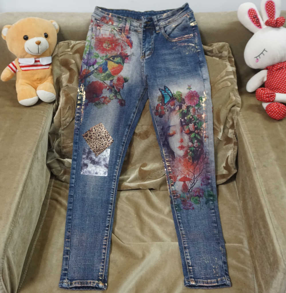 3D Stretchy Jeans With Flowers Pattern Painted Pencil Pants Woman Elegant Style Denim Trousers For Women 210809