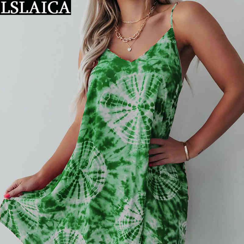 Summer Dress Tie Dye Plus Size Fashion Elegant Mini Party Club Woman Streetwear Knitted Casual Suspender for Women 210515