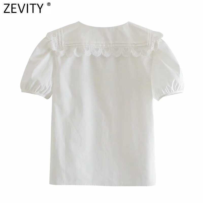 Zevity Women Sweet Lace Stitch Big Turn Down Collar Casual Smock Blouse Female Short Sleeve Poplin Shirt Chic Blusas Tops LS9261 210603