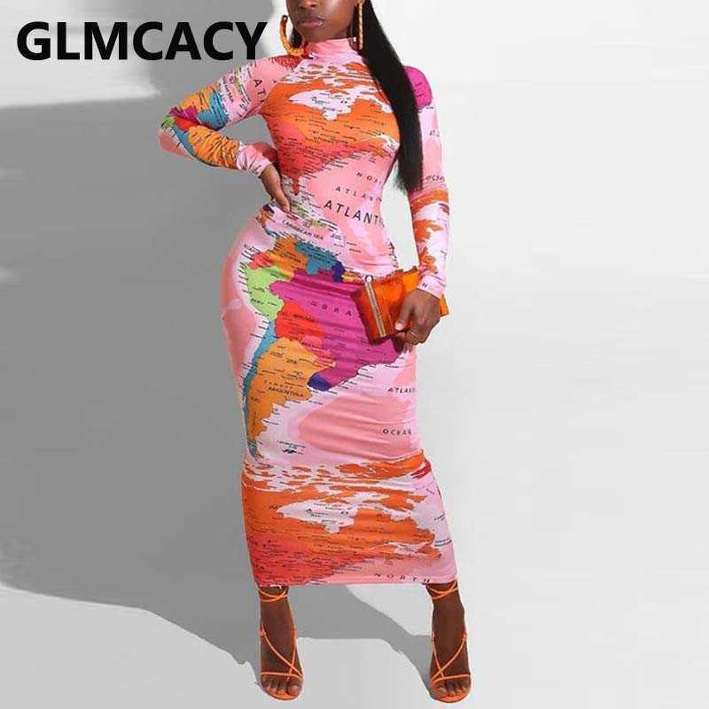 Women World Map Printed Slim Maxi Dress Elegant Long Sleeve Evening Party Pencil Long Dresses Robe 210702