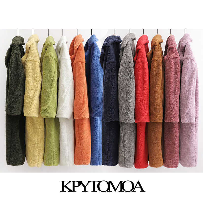 Vintage Stylish Thick Warm Faux Fur Teddy Jacket Coat Women Fashion Long Sleeve Pockets Winter Female Outerwear Chic Tops 211019