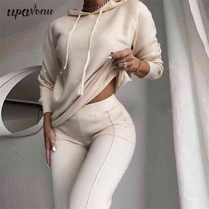 Free Hoodie Knitted Sweater Set Women's Casual Long Sleeve Hooded Collar & Elastic Pants Two Piece 210524