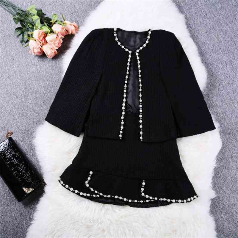Runway Tweed Women 3 Piece Set Fall Winter Beading Wollen Cloak Short Coat + Mesh White Bow Shirt Mini Mermaid Skirt 210519