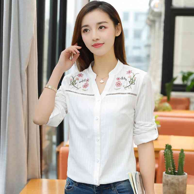 Summer Fashion Embroidery Office Lady Shirt Women Blouse Long Sleeve Clothing Plus Size Tops Blusas D839 30 210506