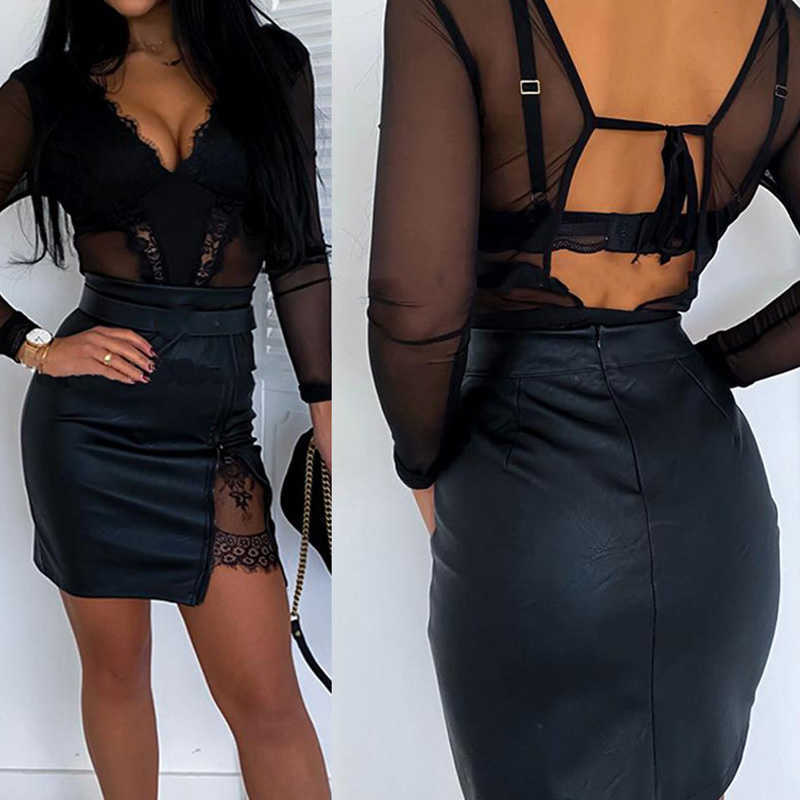 Women Skirt PU Leather Lace Mini Female Clothing Sexy High Waist Zipper Hollow Out Bag Hip Pencil Outfits 210621
