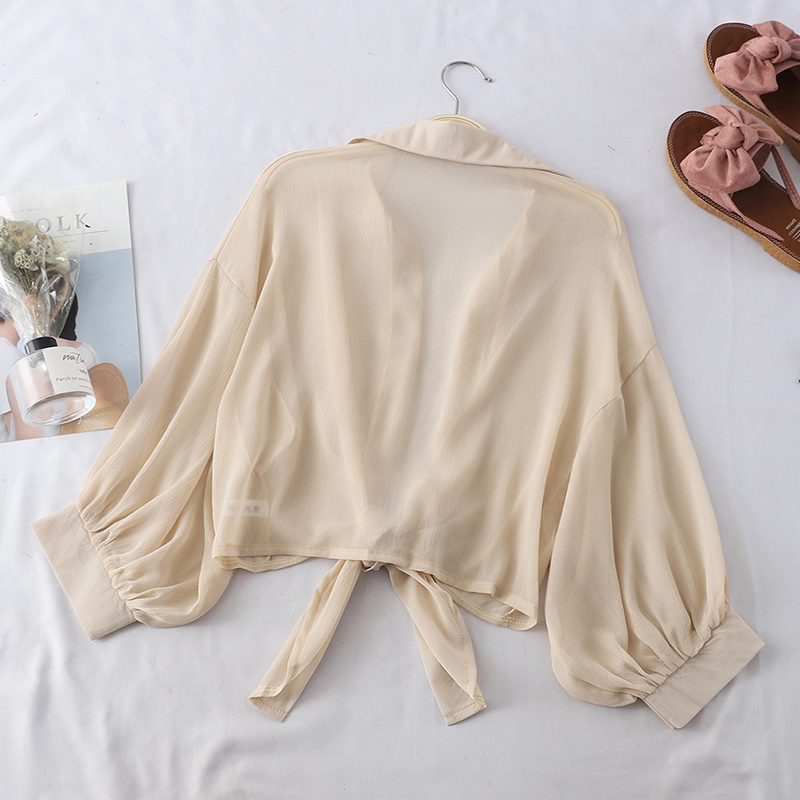 Lantern Sleeve Chiffon Shirts Women Summer Transparent Buttoned Up Shirt Top Tied Waist Elegant Women Blouses Cropped 220311