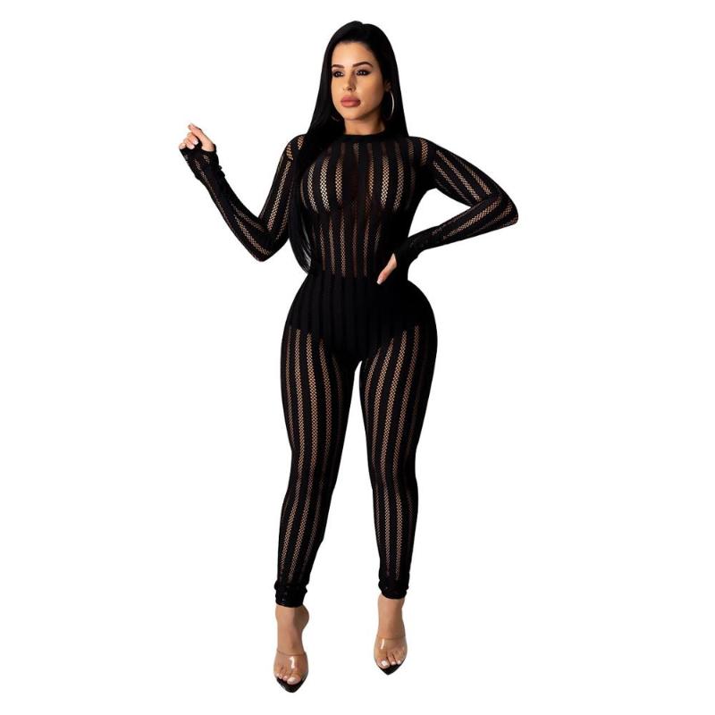 Fahion Striped Jumpsuit Long Playsuit Sheer Mesh Women's Jumpsuits & Rompers