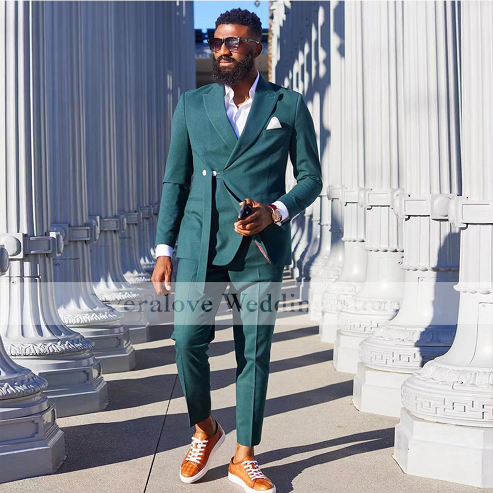 Veralove Green Men's Suit Peaked Lapel One Button Groom Tuxedos WIth Belt Wedding Suit for Men Set Custom Made(Jacket+Pants)