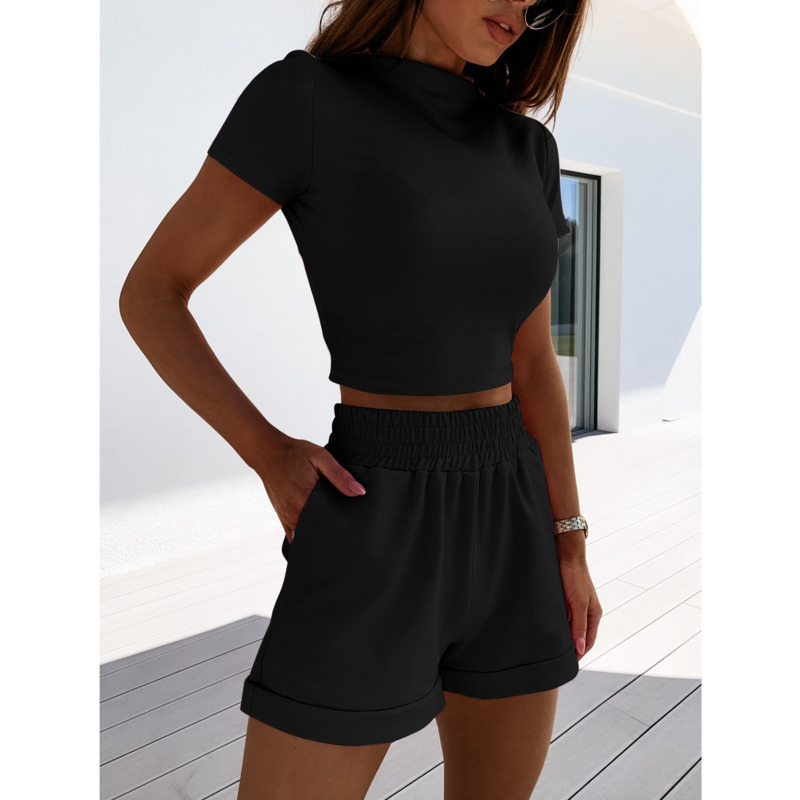 2 Piece Set Women Summer Fashion Leisure Sport Suit Short Sleeve O Neck Crop Top & High Waist Loose Shorts Jogger Tracksuit 210422