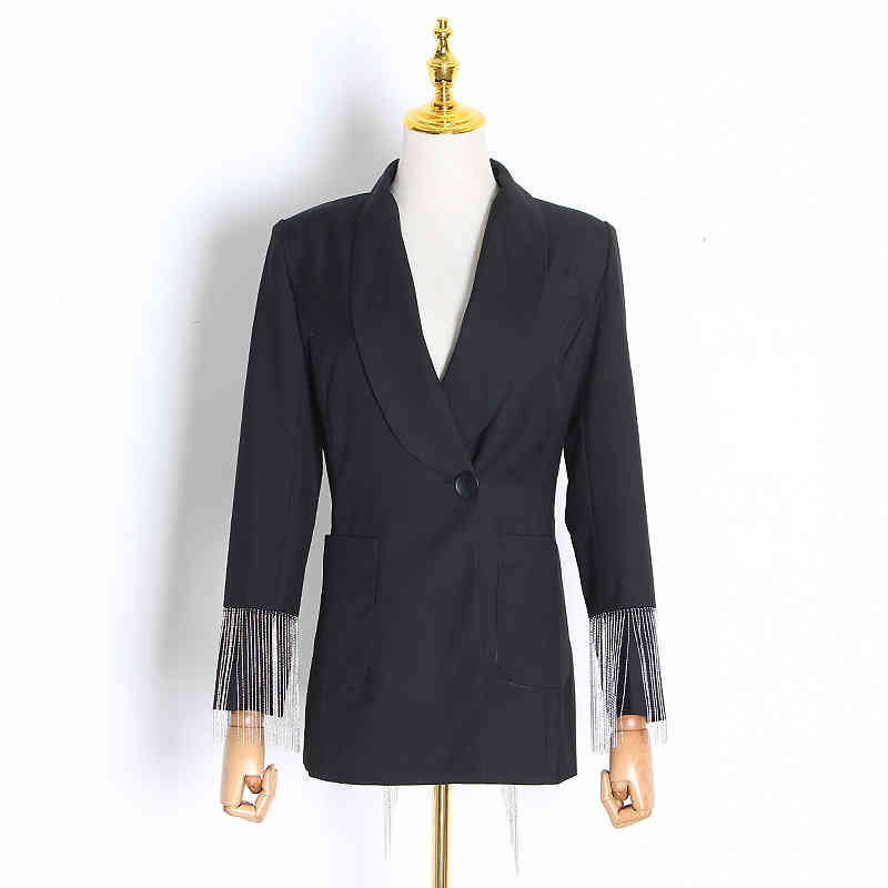 VGH Patchwork Tassel Casual Women's Blazer Notched Long Sleeve Hollow Out Black Tops Female Fashion New Clothing Autumn 210421