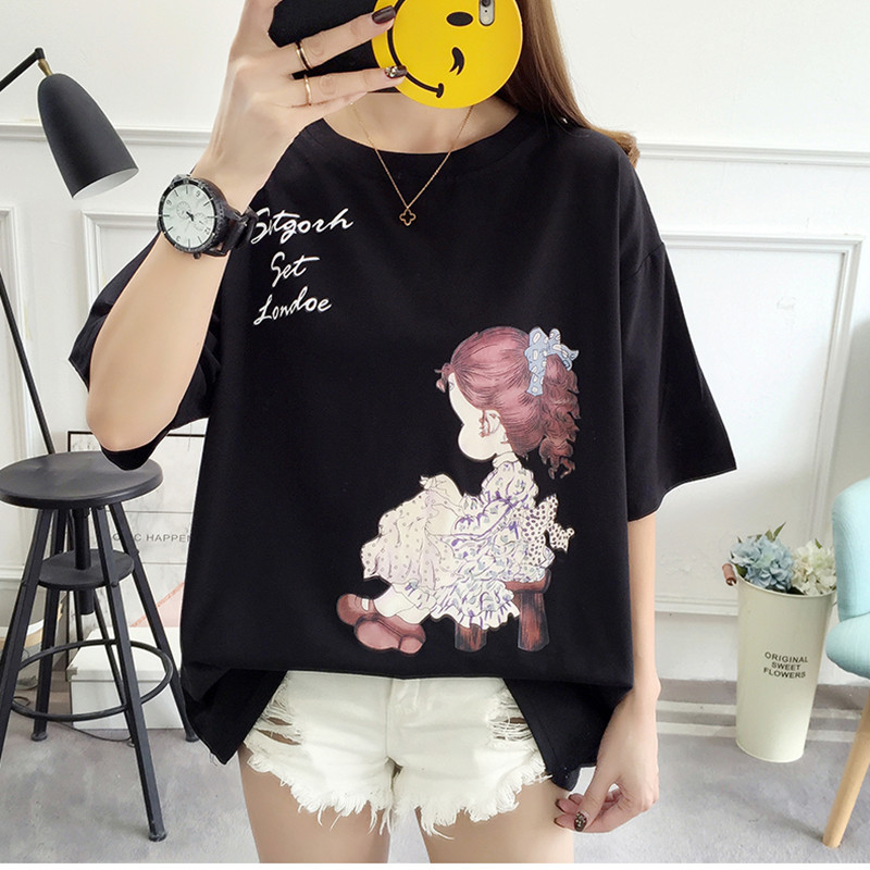 Short Sleeve Simple Cotton black red Tshirt Lady Plus Size Women's Loose Cartoon T-shirt Youth Cotton Casual Tshirt 210406