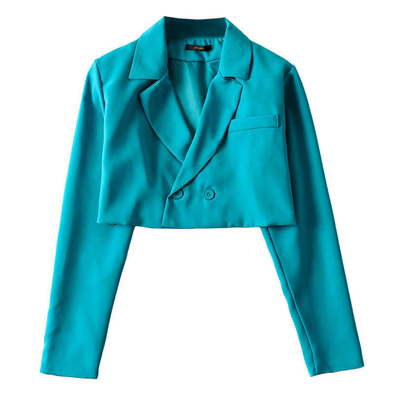 Women jacket double breasted blazer casual cropped women solid long sleeve coat with pocket black loose 210930