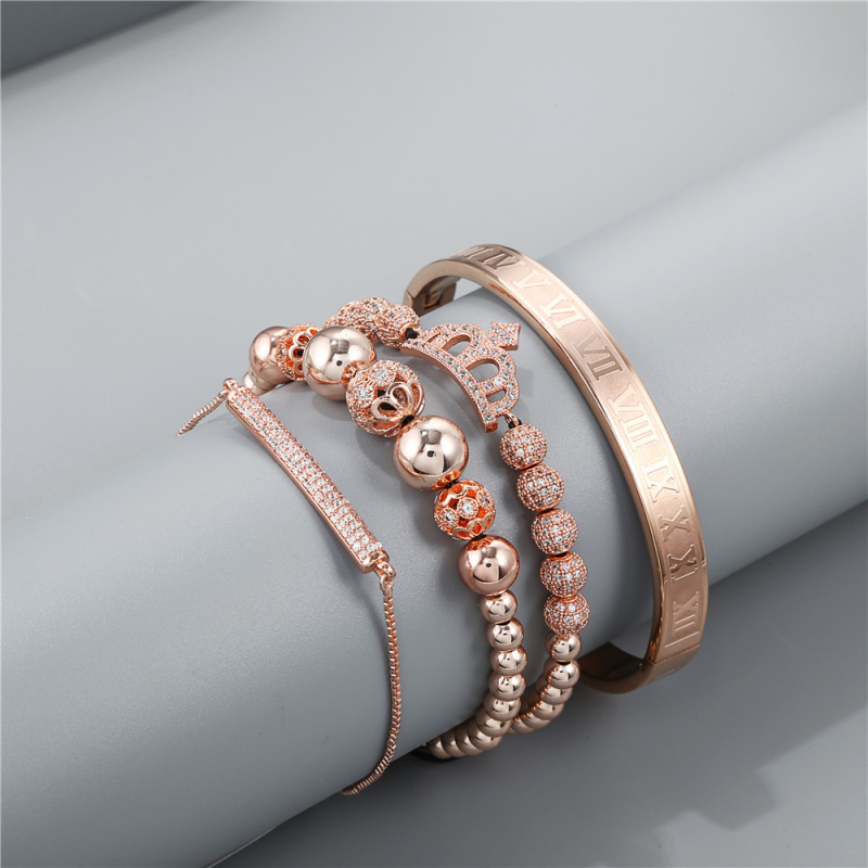 Classic Design Cool Diamond Ball CZ Crown Charm Bracelet Roman Numerals Bangles for Gift 4pcs/set